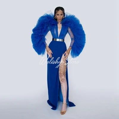 Chic Royal Blue Puffy Ruffled Sleeve Women Dress Sexy Deep V-Neck Side High Slit Mermaid Tulle Party Dresses Custom Made kleit