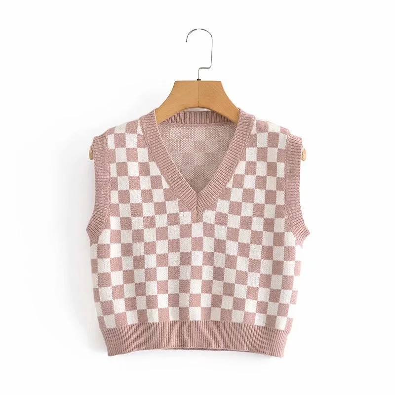 

Винтажный женский клетчатый жилет PUWD с V-образным вырезом без рукавов, Свитера 2021, летняя мода, Женский Тонкий Повседневный трикотажный топ, ...