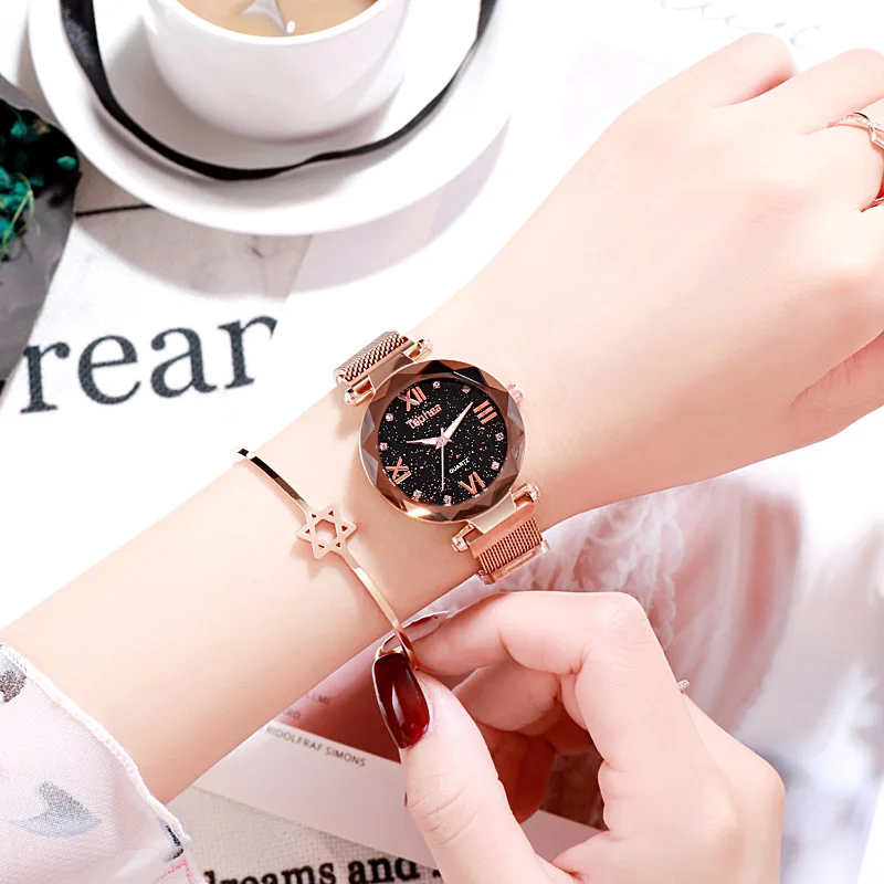 Женские кварцевые часы с римскими цифрами розовое золото сетка звездное небо