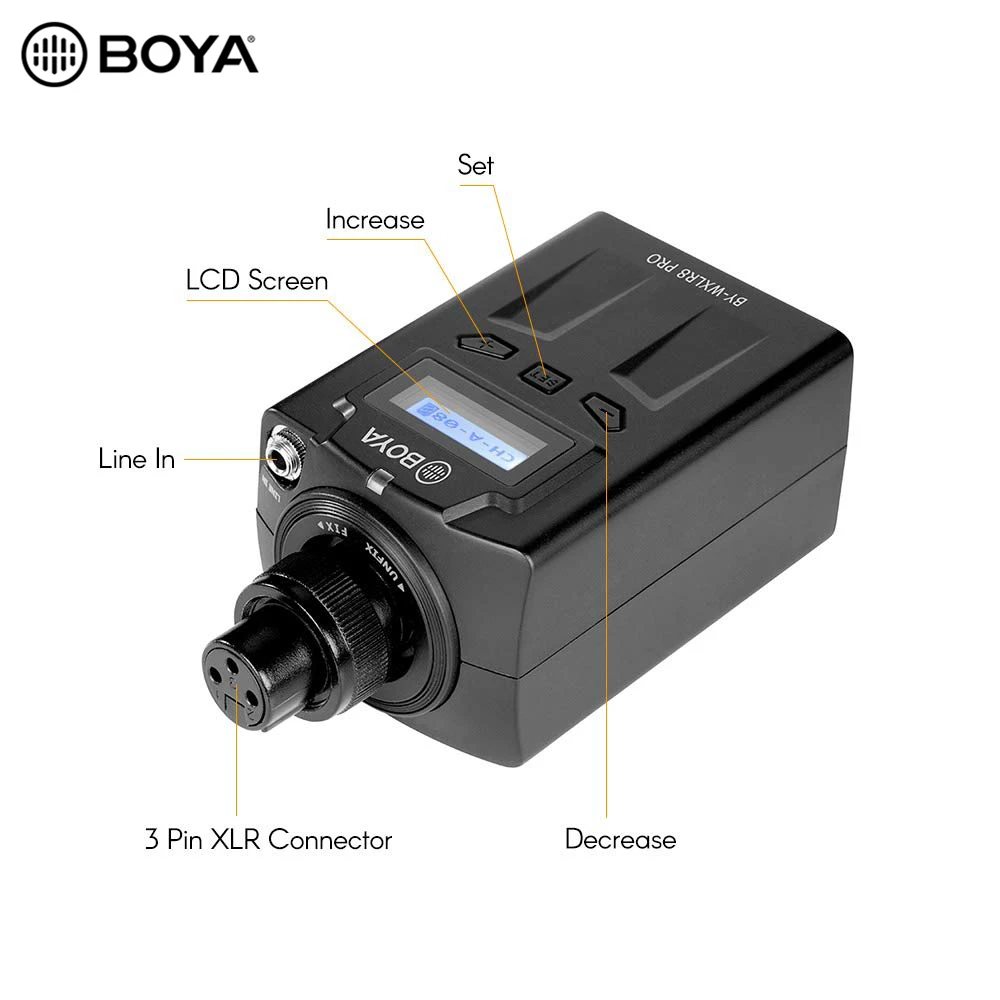 

BOYA BY-WXLR8 Pro 48-канальный комплект микрофона включает в себя: передатчик подключаемого модуля на ЖК-дисплей Дисплей XLR Сделано в Китае 3,5 мм линейный вход с BOYA BY-WM8 /BY-WM6 приемник