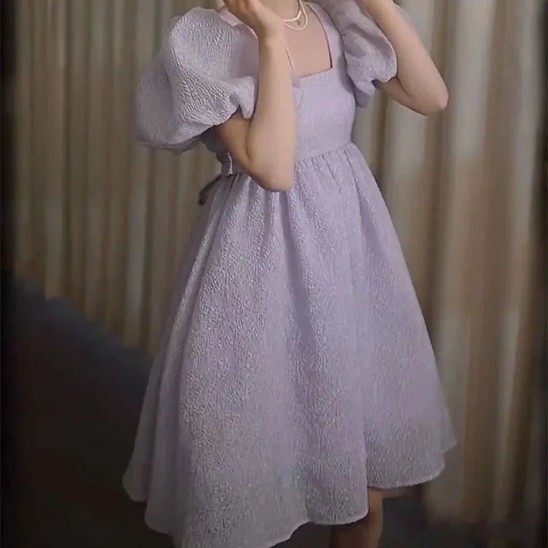 

2021 Summer New Style Lantern Sleeve Bow Knot Self-Cultivation Temperament Mini Dress High Quality Women'S Clothing