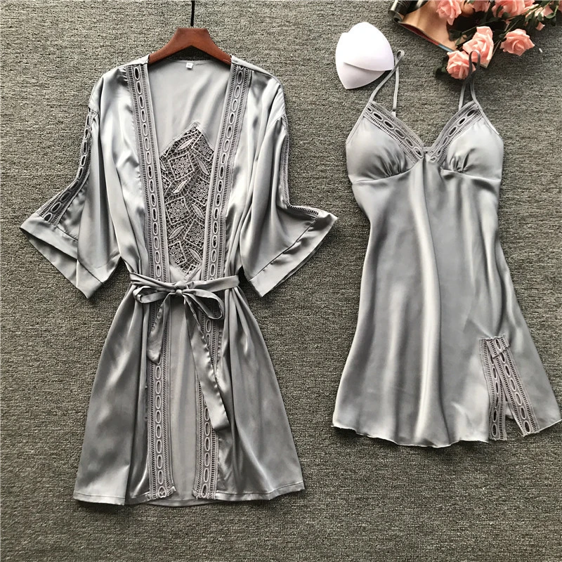 2020 Women Satin Sleepwear 2 Pieces Pyjamas Sexy Lace Pajamas Sleep Lounge Pijama Silk Night Home Clothing Pajama Suit | Женская одежда