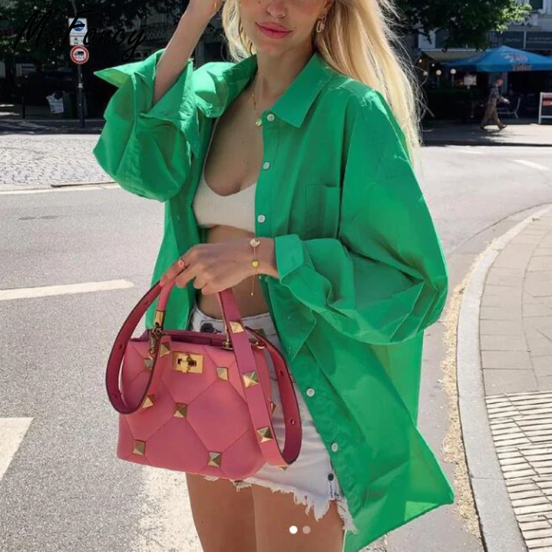 Зеленая женская рубашка Msfancy 2021 Y2K с длинным рукавом большие размеры повседневные