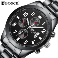 bosck mens fashion black stainless steel mens quartz watch luminous waterproof calendar clock casual sports relogio masculino
