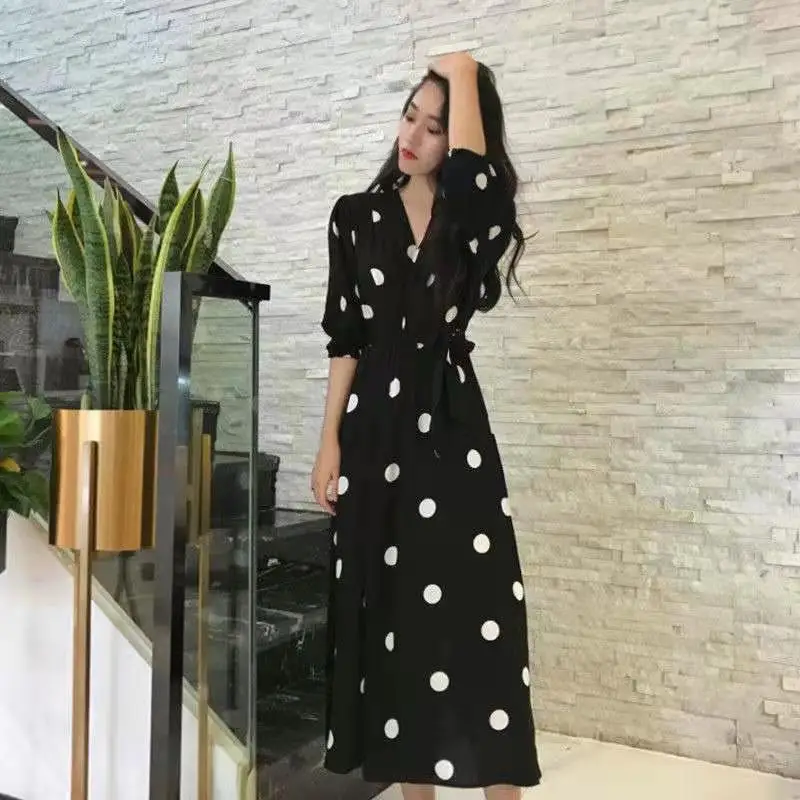 

Women's Casual Spring and Summer Dress Women's Korean Retro Printed Chiffon Shirt V-neck Wave Point Bandage Waist Summer Dress