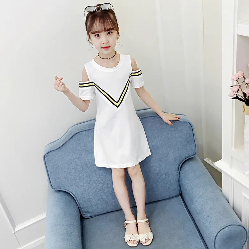 Girls College Wind Dress 2021 Summer New V-neck Off-the-shoulder Blouse White Black Small Fragrant 4 6 8 10 12 Year | Детская одежда и