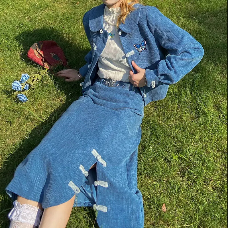 

2pcs set 2xl flower japan girl fashion 2 piece set Women winter set Coat+ Skirts Suits Solid Tops Vintage Skirt Sets