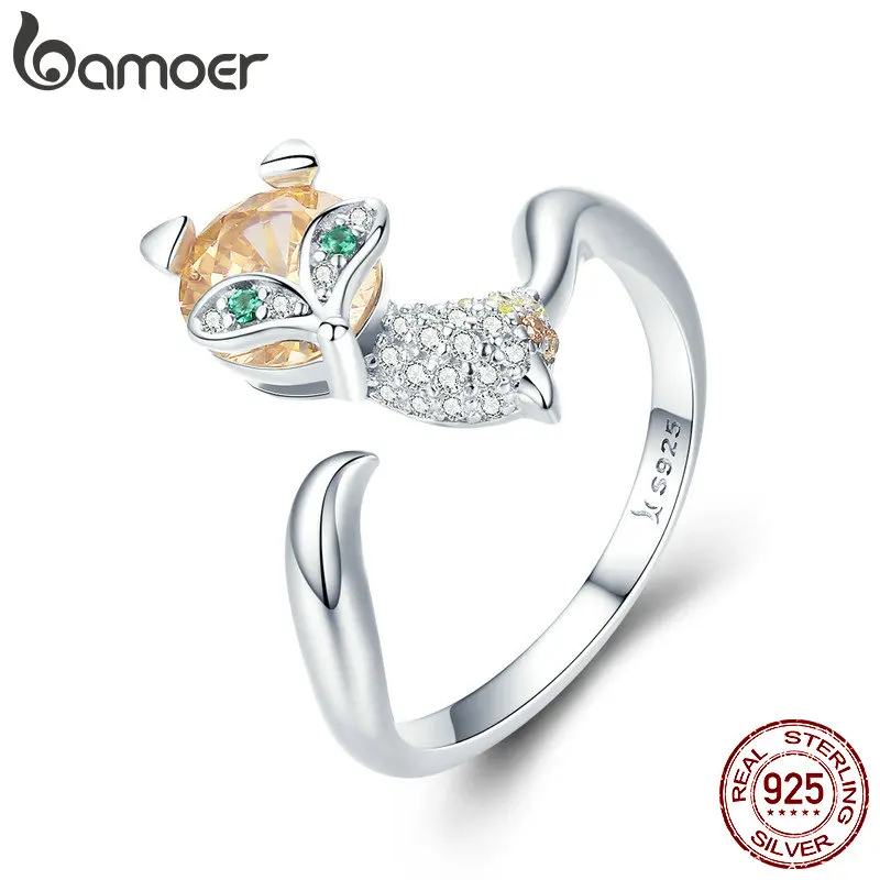 BAMOER, новая коллекция, 925 пробы, серебряное, маленькая лиса, палец, кольцо, животное, кристалл, CZ, кольца для женщин, свадебные ювелирные изделия SCR477