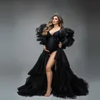 Элегантный черный тюль беременности и родам халаты очень Пышное размера плюс, женские короткие рукава, оборки Многоуровневое Джорджо с поездом женские платья
