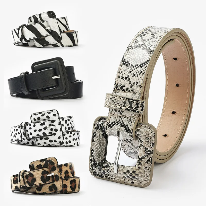 Fashion Women Belt Leopard Belts with Gold Square Buckle Ladies Belt Snake Pattern Cool Waistband PU Leather Cloth Accessories