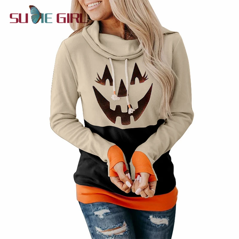 

SUDIE Girl Autumn Ladies Hooded Halloween Pumpkin Pattern Print Long Sleeve Contrasting Color Hooded Top Multicolor