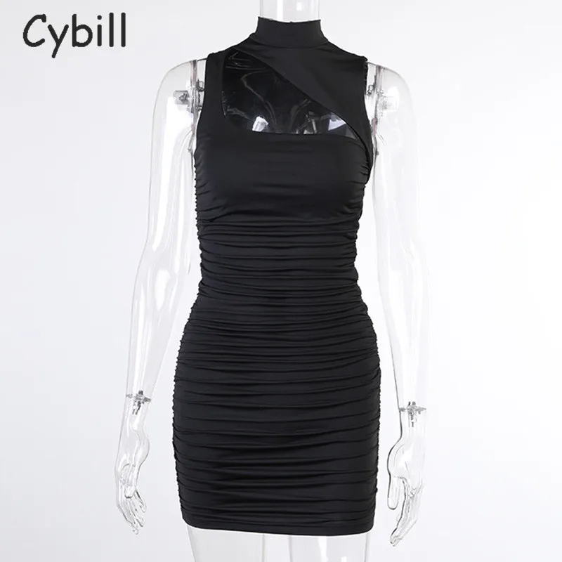 

Cybill Hollow Out Mini Turtleneck Dress Sleeveless Short Summer Sundress Black Ruched Tight Bodycon Dress