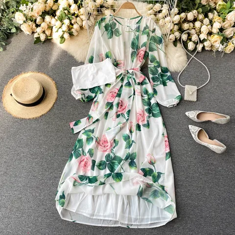 Женское длинное приталенное платье, элегантное праздничное платье с длинным рукавом и цветочным принтом, весна-осень 2021