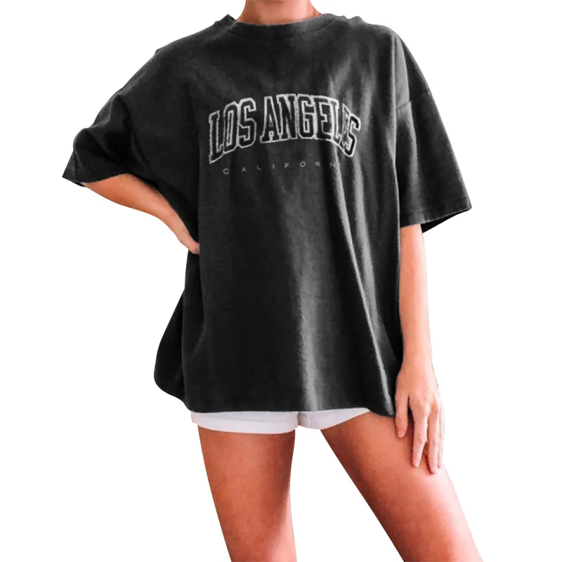 

Casual Black Letter Print Los Angeles Women Short Sleeve Tshirt O Neck Streetwear Spring Summer Fashion Female Tops Clothes