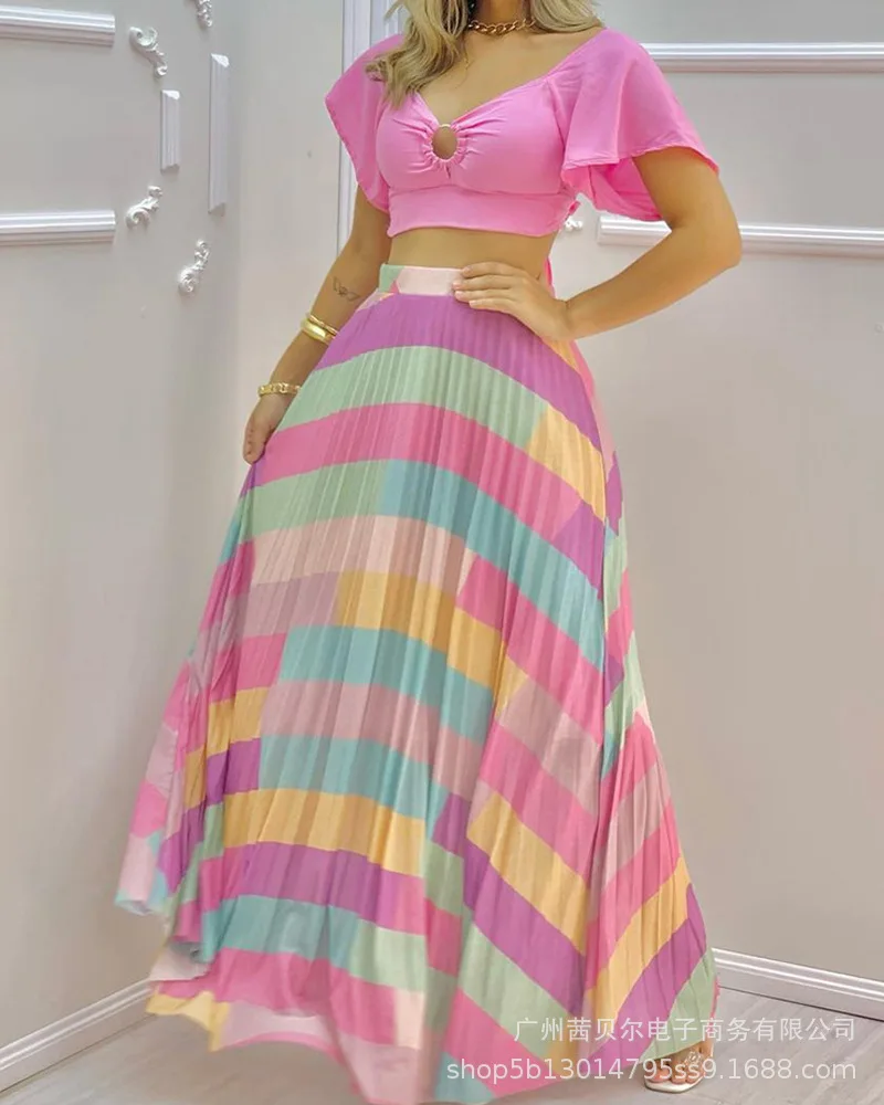 

Donsignet New Fashion Multicolor Print Womens Suit Short Sleeve Tops Skirts Two Piece Suit for Women