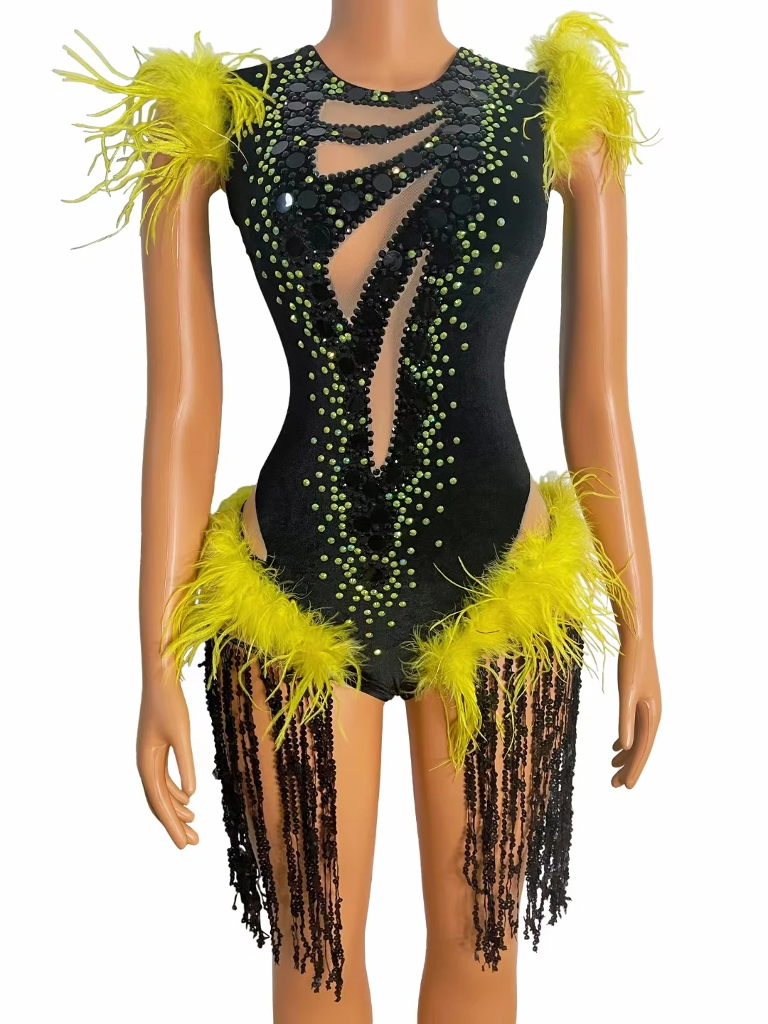 

Women Dancer Singer Stage Wear Birthday Prom Celebrate Outfit Black Sequin Fringe Yellow Rhinestone Feather Bodysuit