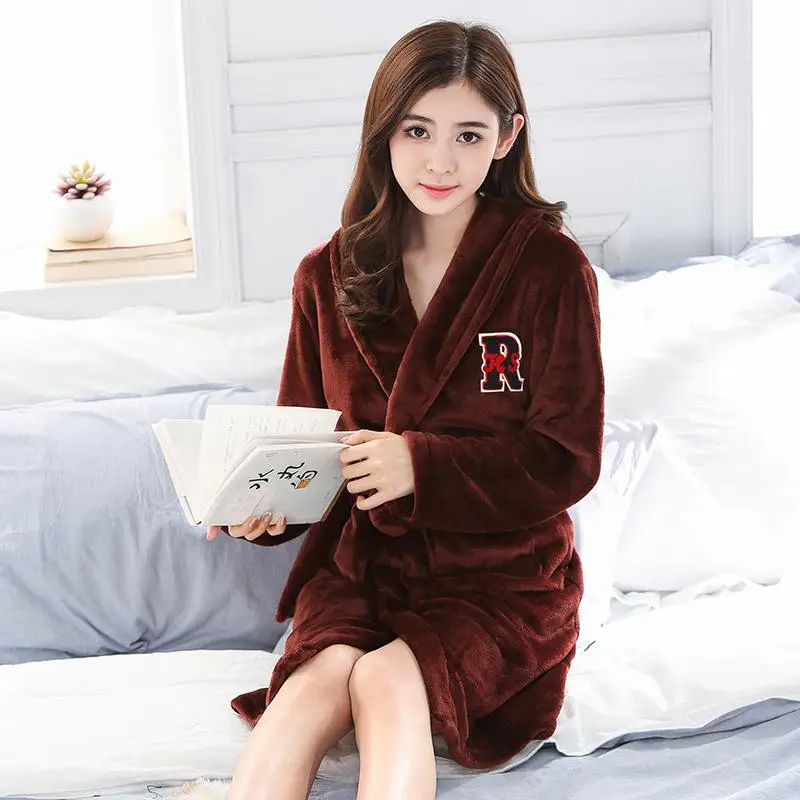 Couple Lounge Kimono Gown Coral Fleece Warm Robe Bathrobe Winter Casual Home Clothing Women Soft Flannel Nightgown Sleepwear - Цвет: Women F