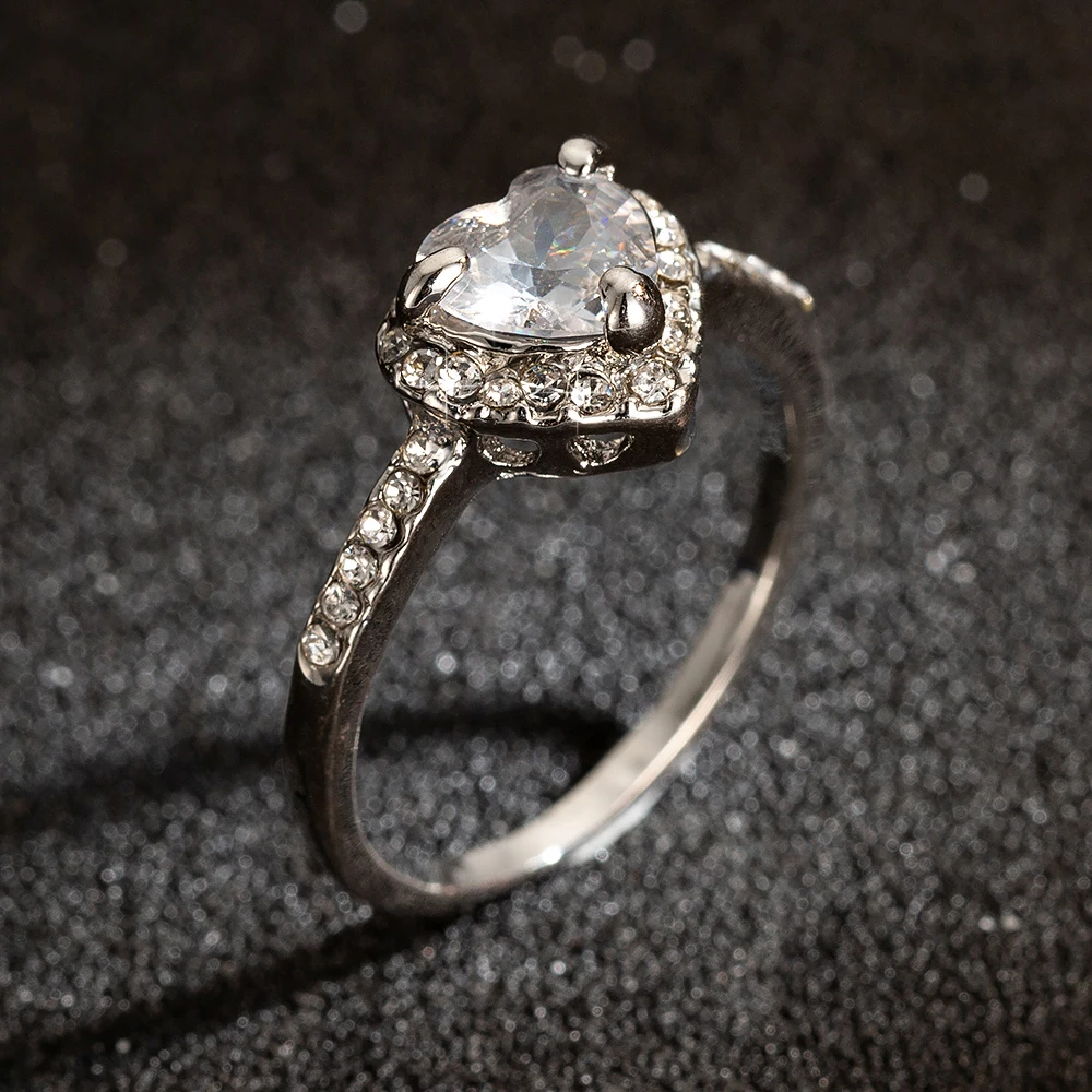 Модные свадебные кольца с кристаллами в форме сердца серебряного цвета для