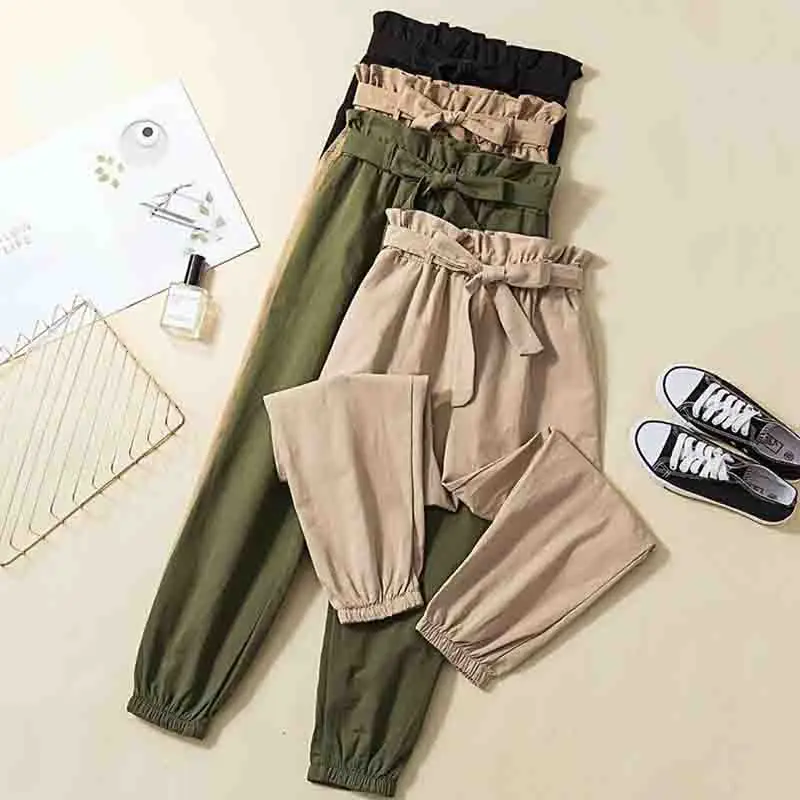 Женские штаны модные женские Однотонные эластичные шаровары с высокой талией