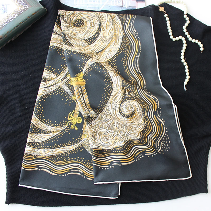 100% Twill Silk Scarf Unisex Man Women Vintage Tower Print Shawl Hijab Hand Rolled Kerchief Bandana 35