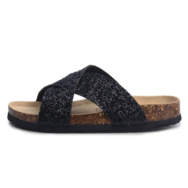 black bling Новинка; модные летние пробковые сандалии; мужские повседневные пляжные шлёпанцы; сандалии с перекрестными ремешками на плоской подошве; большие размеры 35-45; цвет черный, белый, коричневый - Цвет: black bling