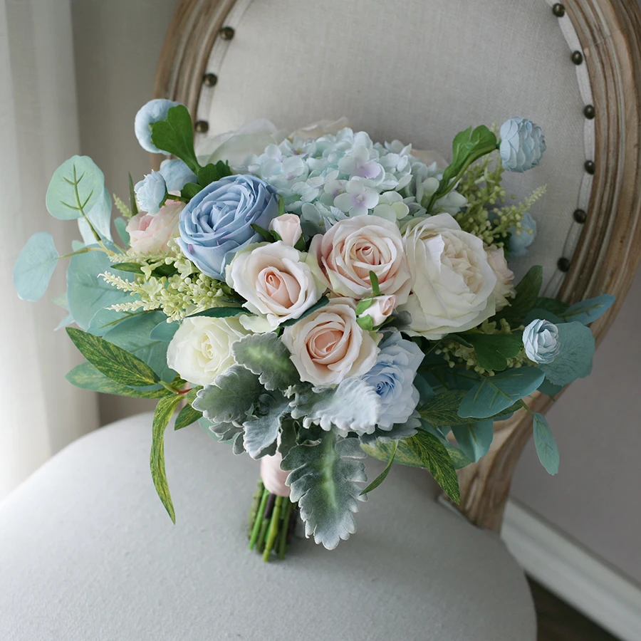

NZUK Light Blue Champagne Flowers Bridal Bouquet Oil Painting Style ramo de novia azul Wedding Hand Bouquet sposa