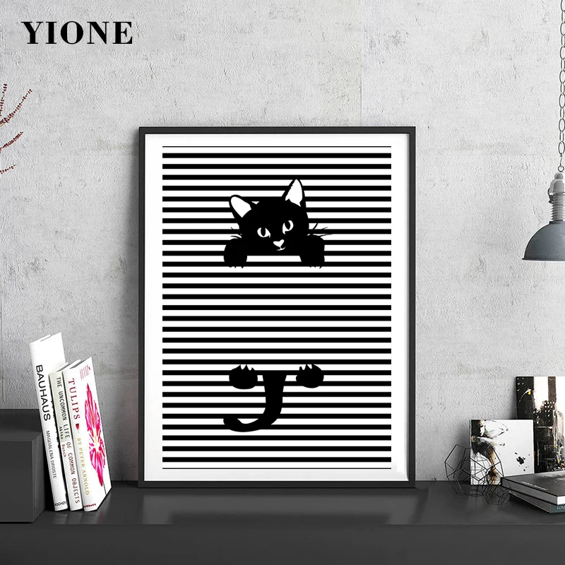 

Black White Cat Lines Art Canvas Posters Custom Modern Abstract Animal Kitten Prints Picture Wall Paintings for Living Bedroom