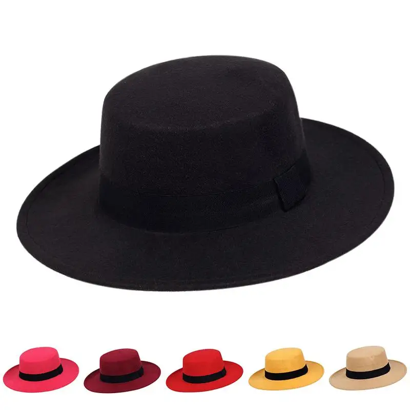 

New Classic Solid Color Felt Fedoras for Men Women Artificial Wool Blend Jazz Cap Wide Brim Simple Church Derby Flat Top Hat