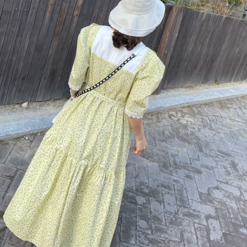 

KUSAHIKI Korean Chic Floral Woman Dress Contrast Color O-neck Puff Sleeve Dresses Lace Up Slim Waist Summer New Vestidos 6J110
