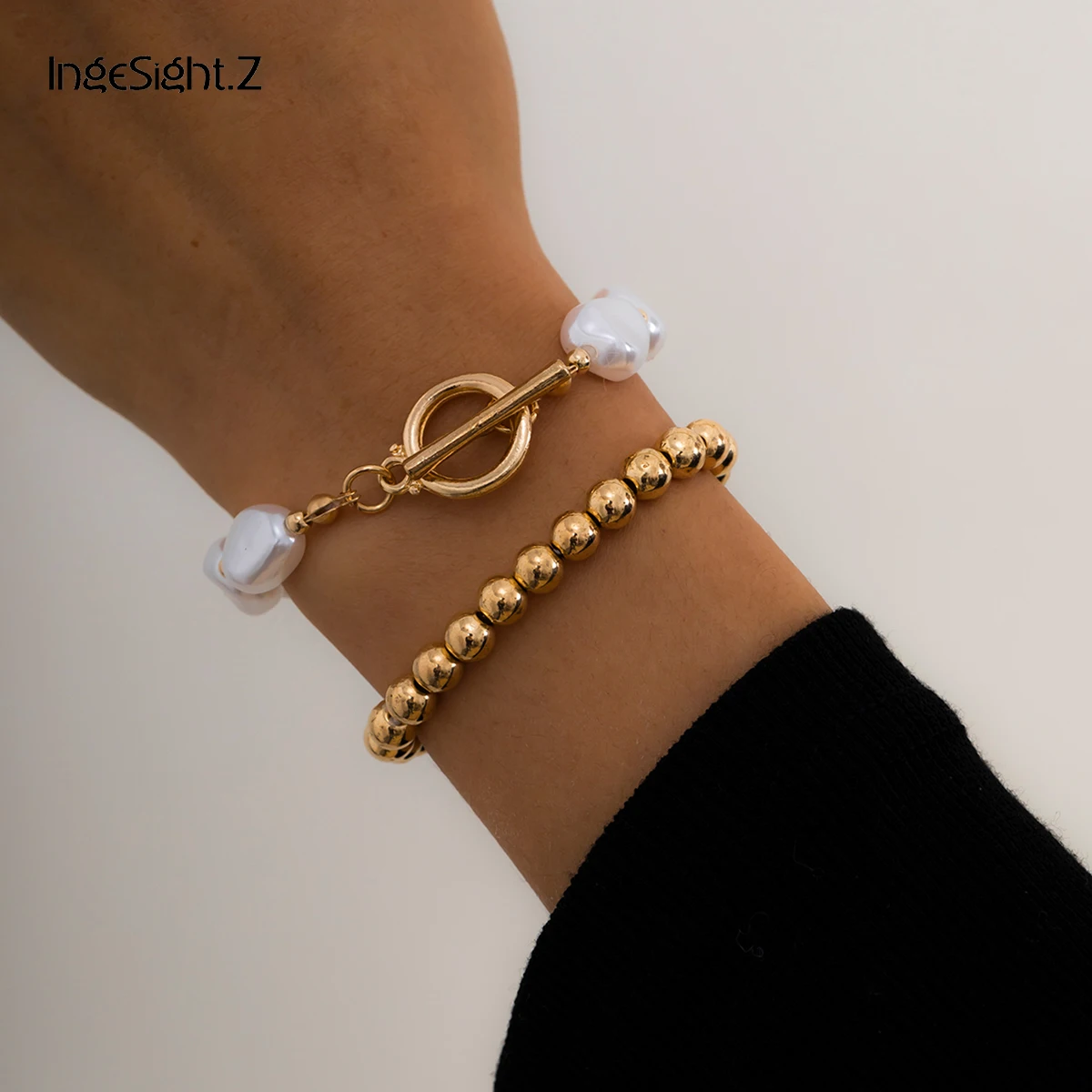 

IngeSight.Z 2Pcs/Set Imitation Pearl Chain Toggle Lasso Bracelets Plastic Beaded Chain Wrist Bracelets Bangles for Women Jewelry