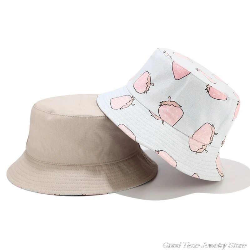 

Women Summer Strawberry Fruit Print Bucket Hat Reversible Double Sided Outdoor Sunscreen Vacation Packable Fisherman Cap F19 21