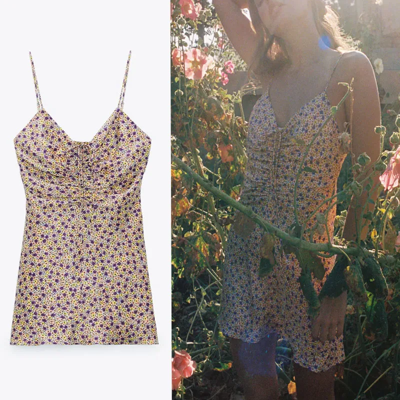 

Za 2021 Print Draped Mini Dress Women Sleevless Thin Straps Sexy Sundress Woman Fashion Side Zip Rushing Summer Dresses