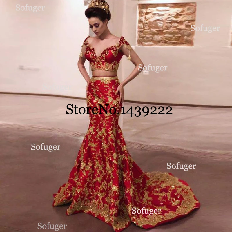 

Red Two Pieces Sexy Mermaid Evening Dresses Dubai Saudi Arabic Special Occasion Robe De Soiree Prom Party Gown Custom Made Gown