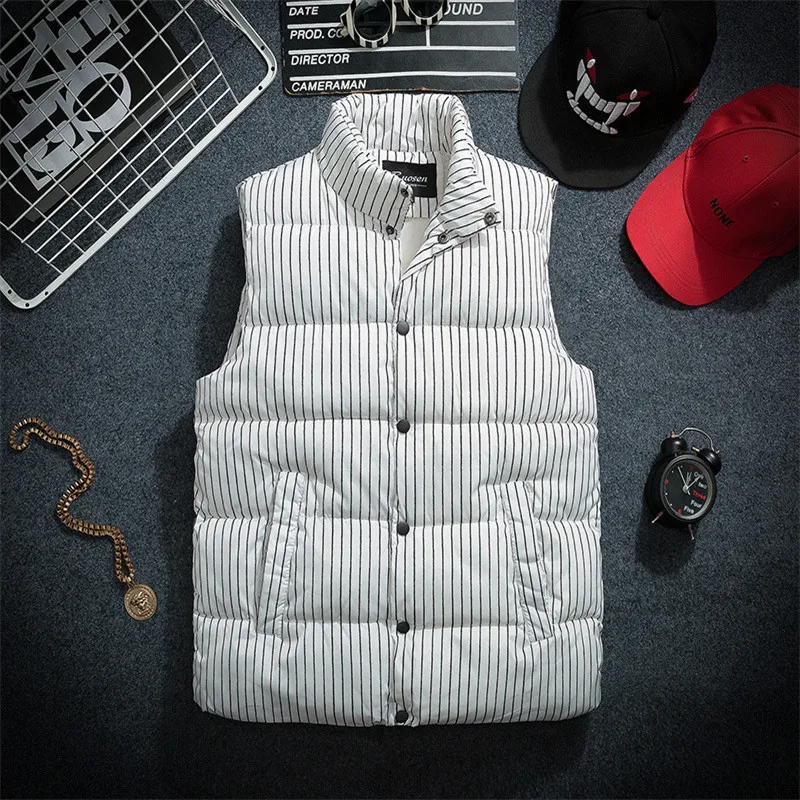 

Cotton Padded Stand Collar Vest Men Nice Winter Stripe Sleeveless Men Warmth Down Vest Jacket Man Gilet Homme Clothing