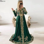 Роскошное зеленое вечернее платье из марокканского сарафана 2022 с длинными рукавами, вышивкой бисером, атласное ТРАПЕЦИЕВИДНОЕ вечернее платье в мусульманском стиле Дубая