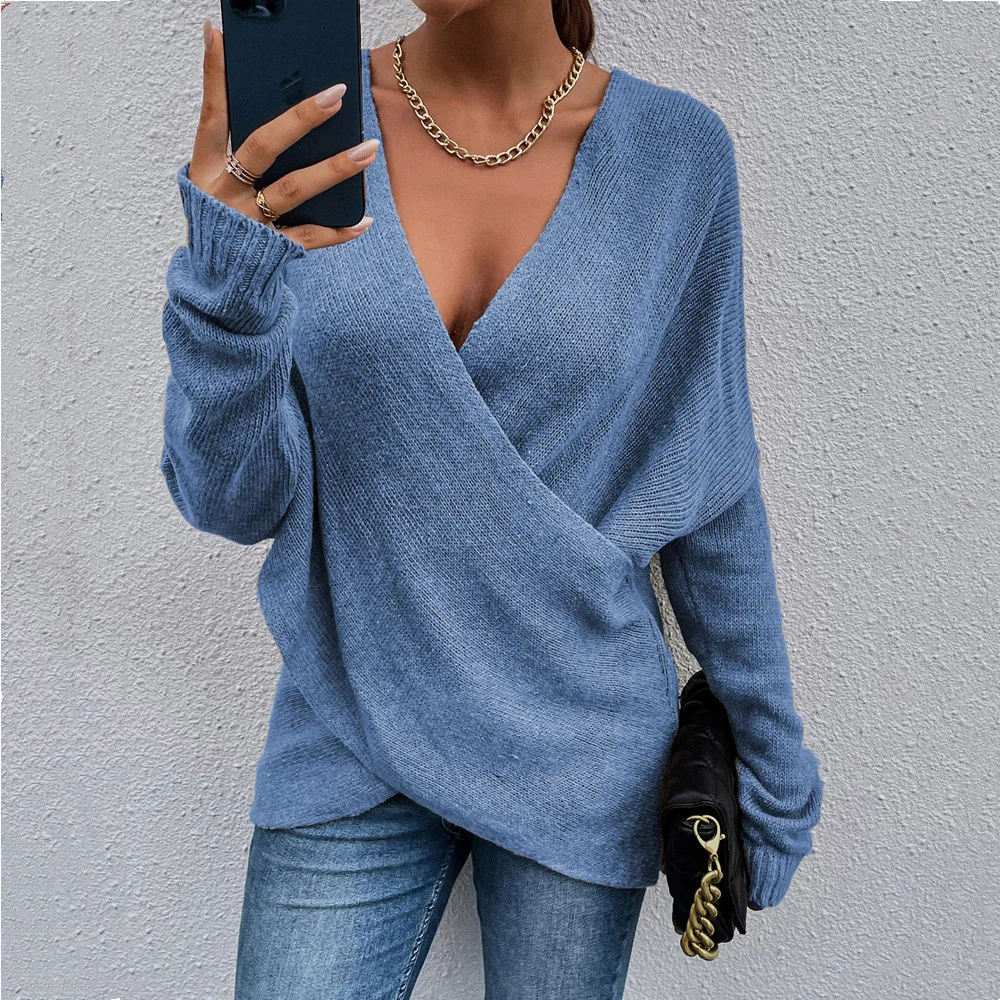

Модный вязаный свитер с перекрестной передней частью, Женский пуловер с запахом и длинным рукавом и V-образным вырезом, Женский Свободный По...