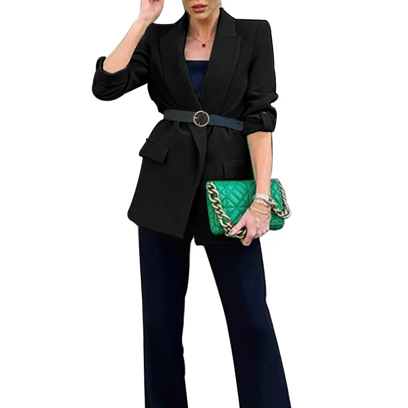 

Women Blazer Long Sleeve With Sashes V Neck Coat Autumn Solid Color Pockets Casual Office Temperament Coat 2021 Fashion Newest