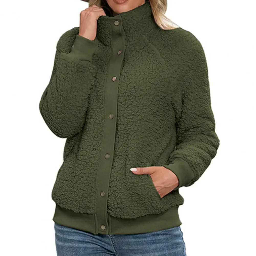 

Women Fluffy Jacket 2021 Buttons Closure Side Pockets Fleece Jacket Women Stand Collar Warm Cardigan Jacket Outerwear