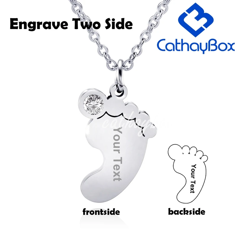 Personalized Birthstone Gold Tone Name Text Engraving Stainless Steel Baby Foot Charm Pendant Necklace |