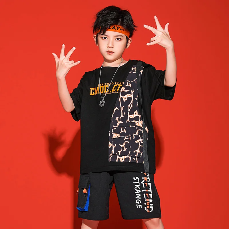 Черный костюм в стиле хип-хоп для летних уличных танцев детский бега праздничная