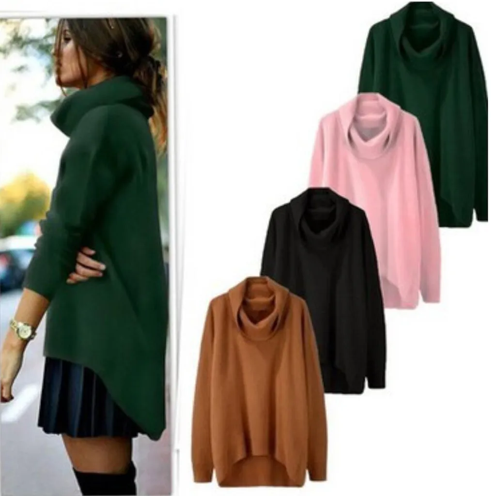 Модный женский свитер однотонный высокий воротник асимметричный подол длинный