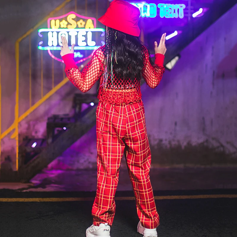 

Hip Hop Costumes Kids Red Mesh Top Plaid Pants Girls Jazz Dance Clothes Street Dancewear Stage Outfit Performance Wear DN4106