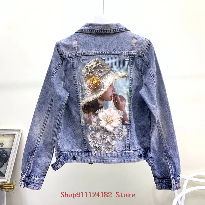

Fall New Products Versatile Fashion Heavy Industry Nail Bead Embroidery Flower Wash Water Hole Short Denim Jacket Women's Jacket