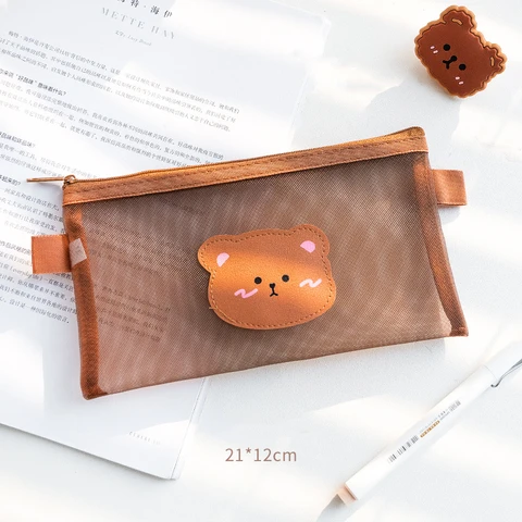 Bonito urso lápis caso caneta saco pacote de malha transparente café cor bolsa de armazenamento para artigos de papelaria material escolar de escritório a6670