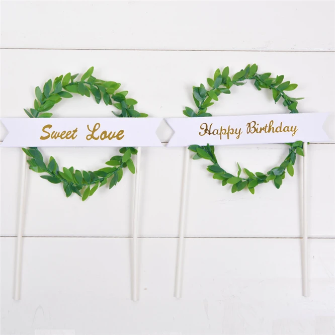 

100PCS Pink Green Leaf Wreath "Happy Birthday" "Sweet Love" Cake Topper Dessert Decoration for Birthday Party Lovely Gifts