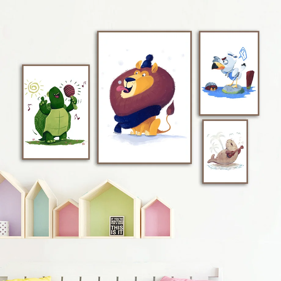 

Cartoon Lion Sea Lion Seal Tortoise Bird Nordic Posters And Prints Wall Art Canvas Painting Animals Wall Pictures For Kids Room
