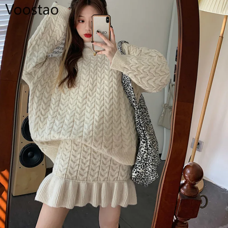 

Spring Autumn Sweet Knitted 2 Piece Set Girly Harajuku O-Neck Loose Pullover Sweater Ruffles Mini Skirts Winter Women Cute Suit