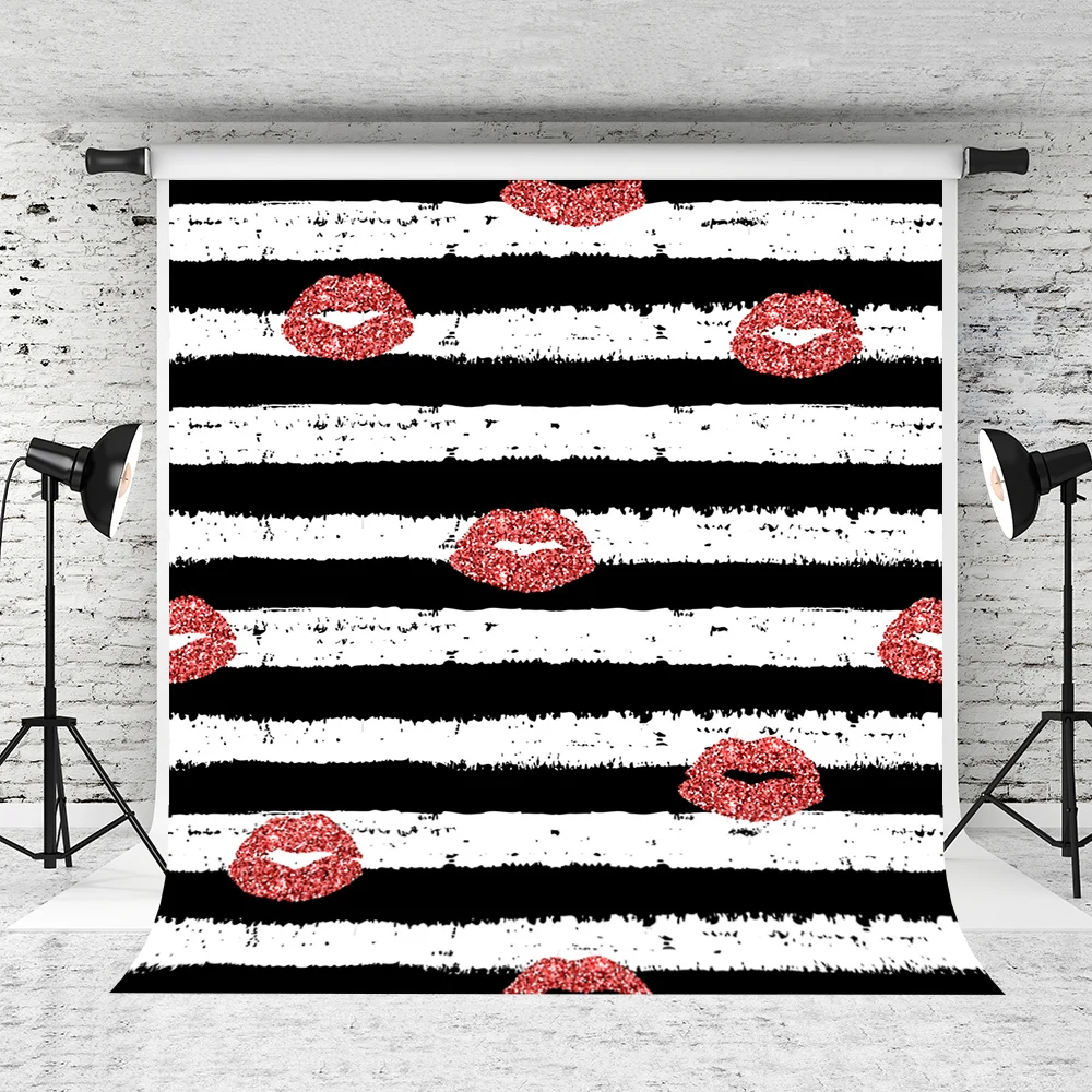 Виниловый фон для детской фотографии в черно-белую полоску с красными губами, фоны для фотостудии J05090.