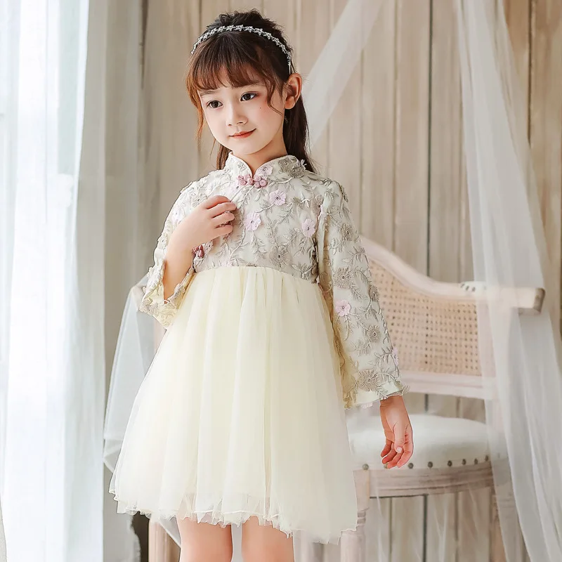 Autumn Long Sleeve New 2019 Girls Dress Fashion Lace Veil Embroidered Cheongsam Chinese Style Purple Pink Princess |