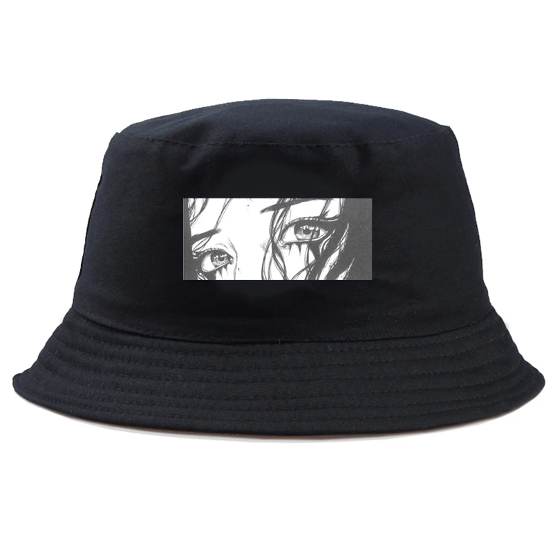 Tearful Girl Anime Printing Cotton Women'S 2021 Bucket Hats Foldable Fashion Women Panama Caps Casual Sunscreen Sun Fishman Hat